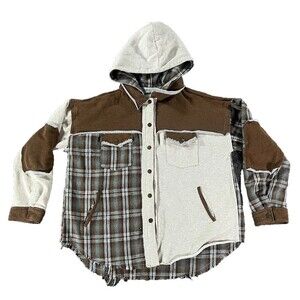 BKE Buckle Women’s Browns Neutrals Plaid Flannel Hooded Shacket Grunge Y2K Large